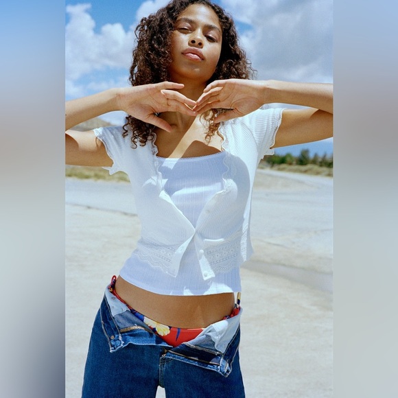 UO Darcy White Cropped Cardigan Women’s S Ribbed Lace Crochet Trim Coquette - Picture 2 of 11